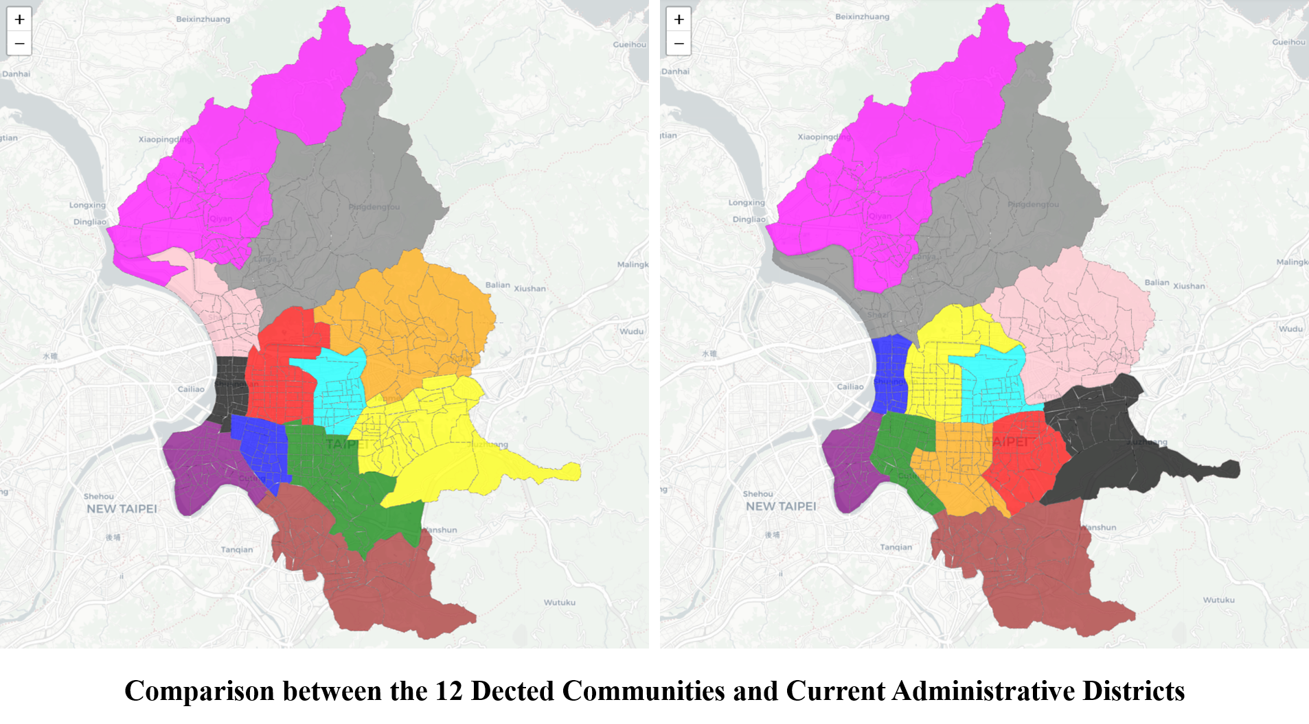 Comparison between detected communities and administrative districts